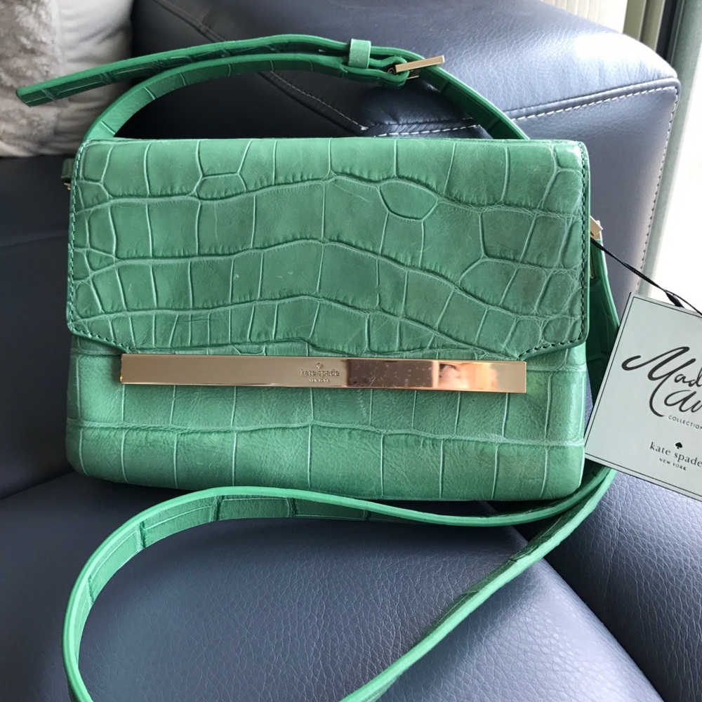 Green crock embossed Madison Ave crossbody bag
